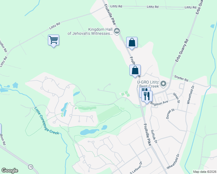 map of restaurants, bars, coffee shops, grocery stores, and more near 74 Farmview Lane in Lititz