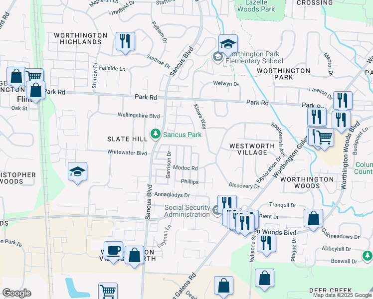 map of restaurants, bars, coffee shops, grocery stores, and more near 7738 Flynnway Drive in Columbus