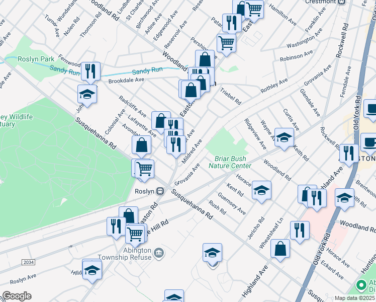 map of restaurants, bars, coffee shops, grocery stores, and more near 1211 East Avenue in Abington