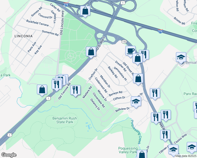 map of restaurants, bars, coffee shops, grocery stores, and more near 3803 Cedarcrest Road in Bensalem