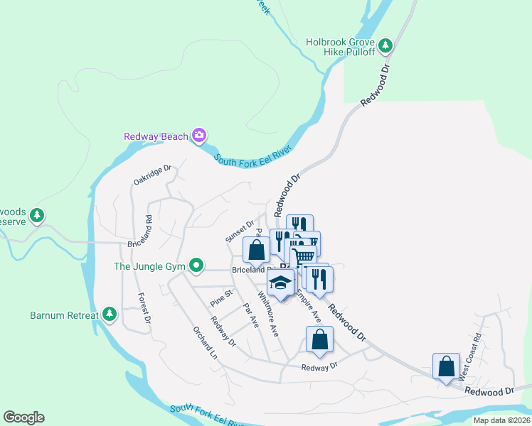 map of restaurants, bars, coffee shops, grocery stores, and more near 390 Willow Avenue in Redway