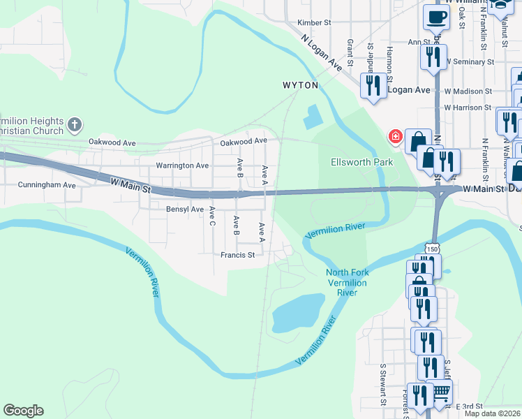 map of restaurants, bars, coffee shops, grocery stores, and more near 101 Bensyl Avenue in Danville