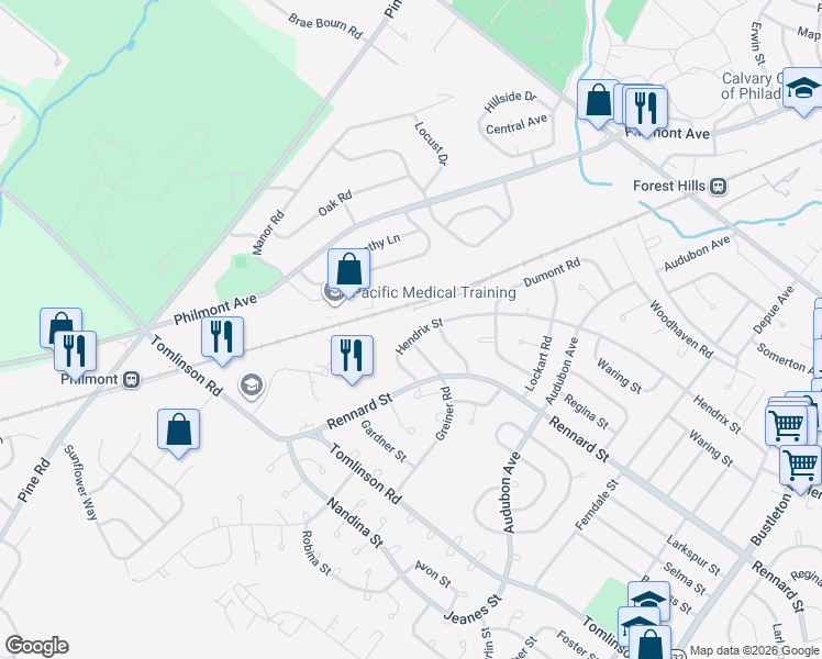 map of restaurants, bars, coffee shops, grocery stores, and more near 11138 Hendrix Street in Philadelphia