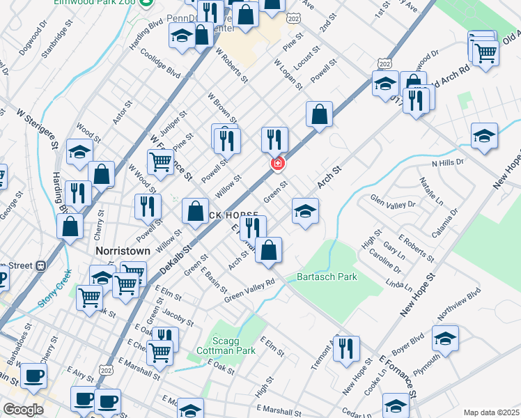 map of restaurants, bars, coffee shops, grocery stores, and more near 200 East Freedley Street in Norristown