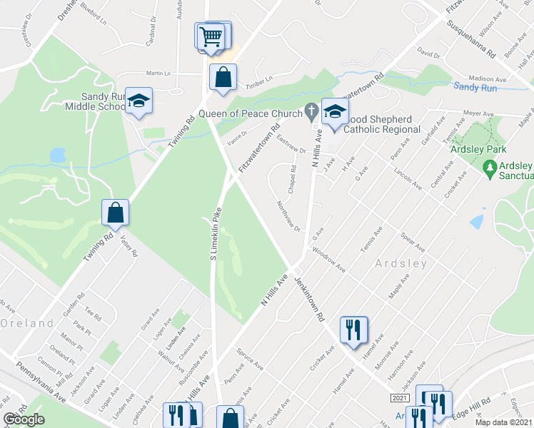 map of restaurants, bars, coffee shops, grocery stores, and more near 3119 Jenkintown Road in Glenside