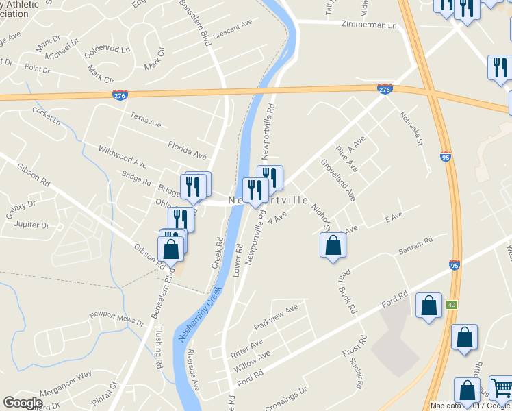 map of restaurants, bars, coffee shops, grocery stores, and more near 3901 Lower Road in Levittown