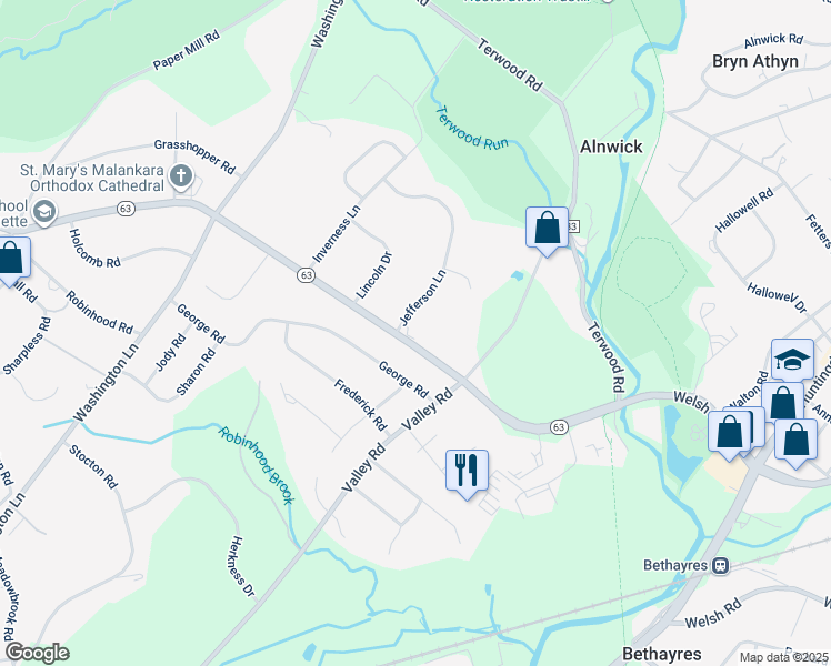 map of restaurants, bars, coffee shops, grocery stores, and more near 1047 Welsh Road in Montgomery County
