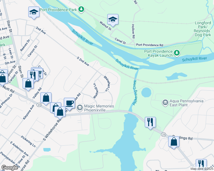 map of restaurants, bars, coffee shops, grocery stores, and more near 812 Rhinehart Lane in Phoenixville