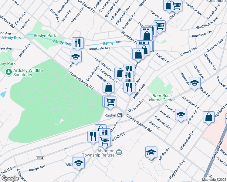 map of restaurants, bars, coffee shops, grocery stores, and more near 1128 Bradfield Road in Abington