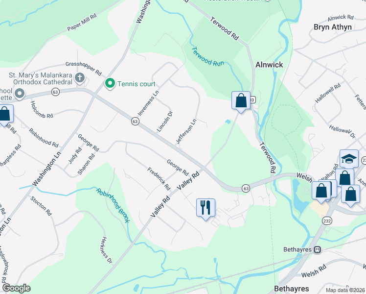map of restaurants, bars, coffee shops, grocery stores, and more near 1047 Welsh Road in Montgomery County