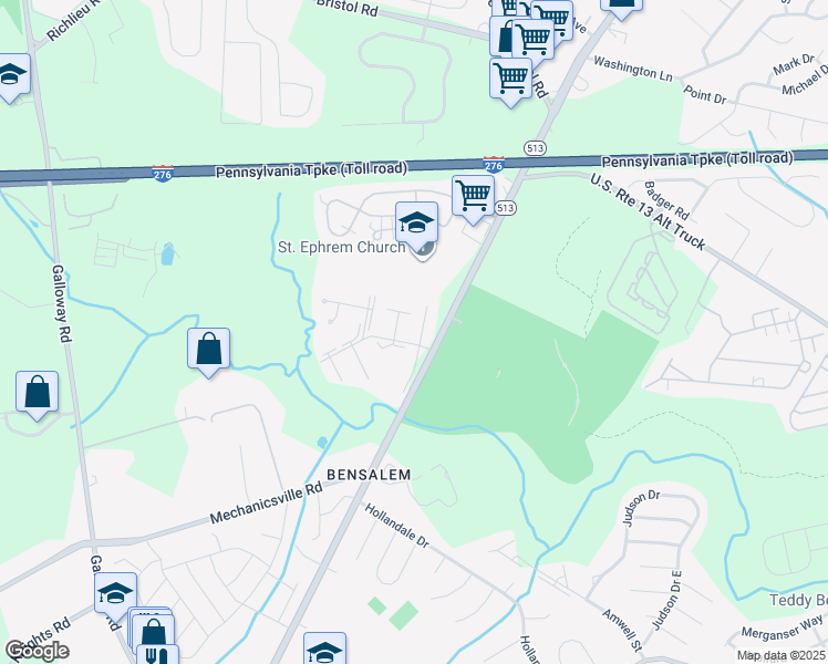 map of restaurants, bars, coffee shops, grocery stores, and more near 5118 North Hunters Court in Bensalem