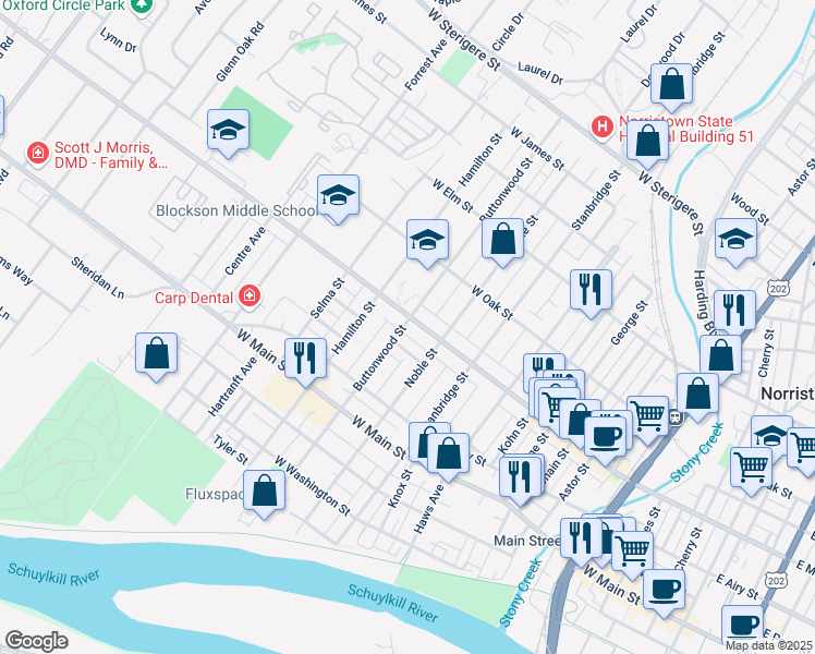 map of restaurants, bars, coffee shops, grocery stores, and more near 1032 West Marshall Street in Norristown