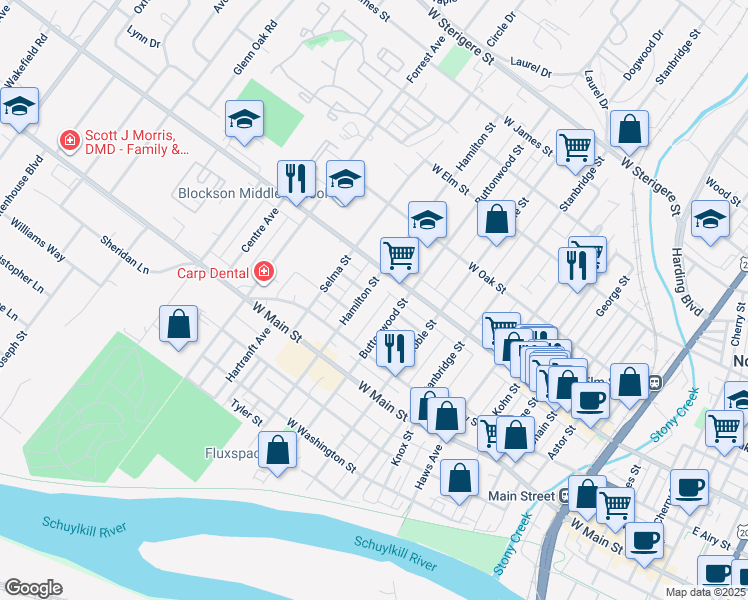 map of restaurants, bars, coffee shops, grocery stores, and more near 538 Hamilton St in Norristown