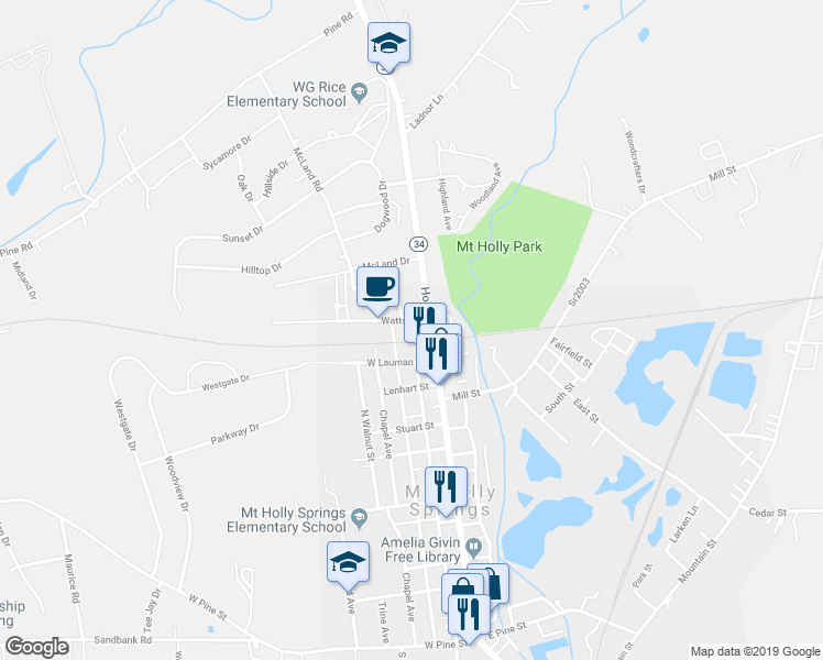 map of restaurants, bars, coffee shops, grocery stores, and more near 601 North Baltimore Avenue in Mount Holly Springs