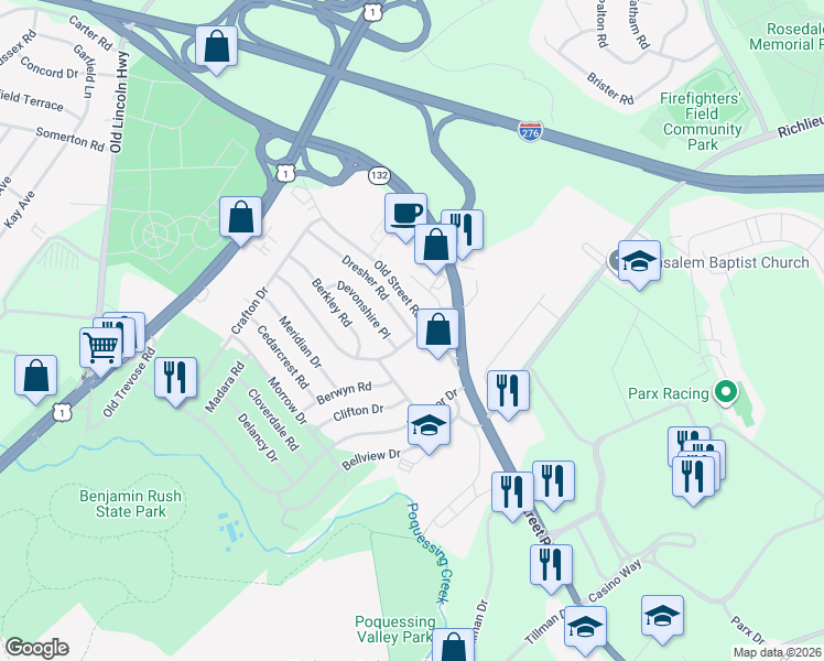 map of restaurants, bars, coffee shops, grocery stores, and more near 3609 Dresher Road in Bensalem