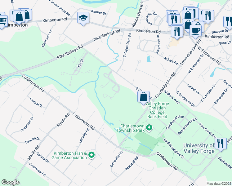 map of restaurants, bars, coffee shops, grocery stores, and more near 3417 Honey Locust Drive in Phoenixville