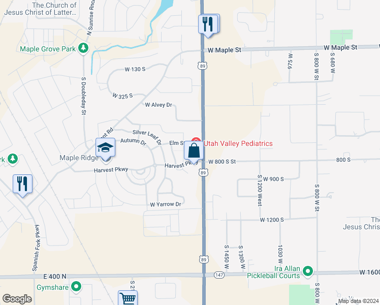 map of restaurants, bars, coffee shops, grocery stores, and more near 724 South 1600 West in Mapleton
