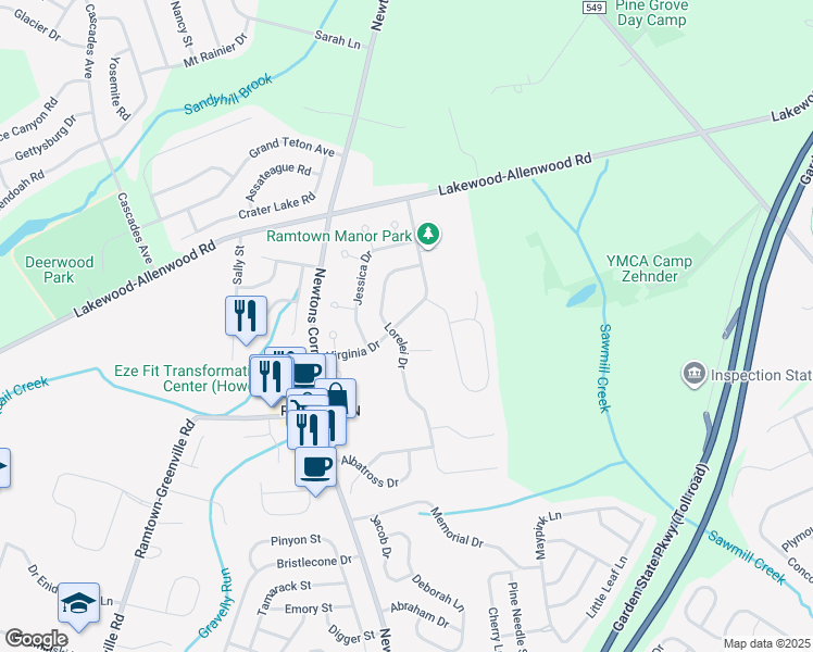 map of restaurants, bars, coffee shops, grocery stores, and more near 26 Virginia Drive in Howell Township