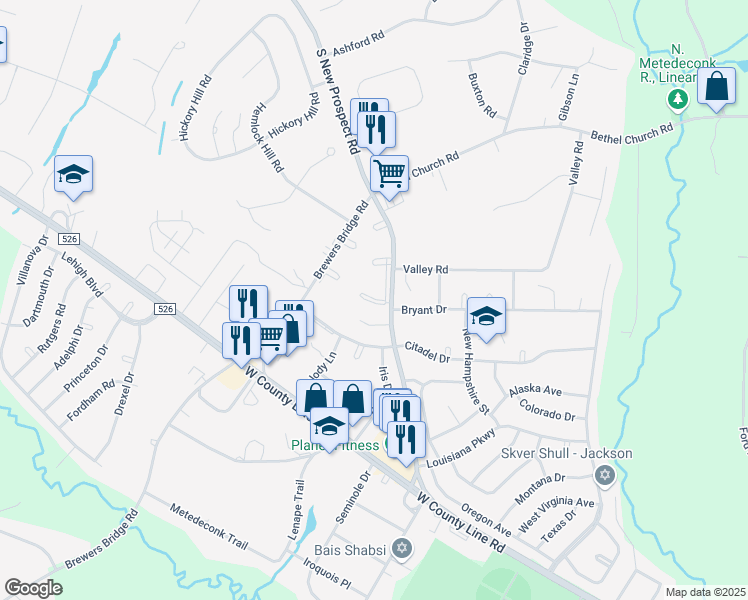 map of restaurants, bars, coffee shops, grocery stores, and more near 320 South New Prospect Road in Jackson Township