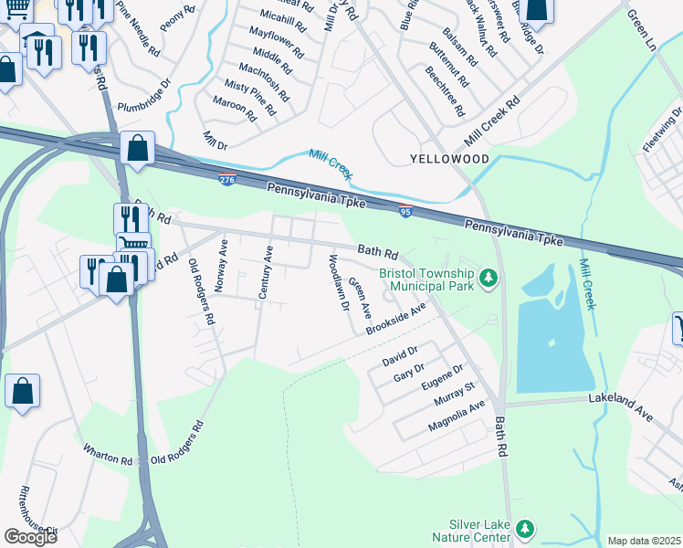 map of restaurants, bars, coffee shops, grocery stores, and more near 2600 Woodlawn Drive in Bristol