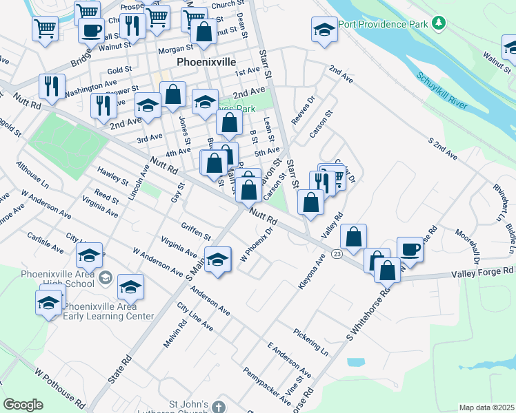 map of restaurants, bars, coffee shops, grocery stores, and more near 79 Nutt Road in Phoenixville