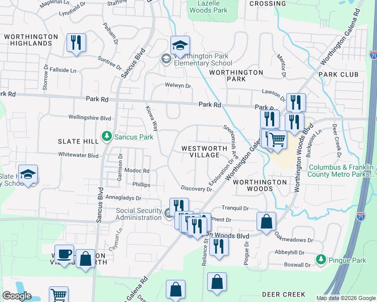 map of restaurants, bars, coffee shops, grocery stores, and more near 1086 Arapaho Avenue in Columbus
