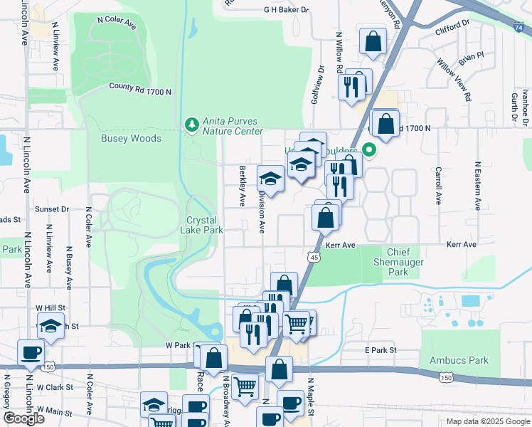 map of restaurants, bars, coffee shops, grocery stores, and more near 1107 North Highland Drive in Urbana