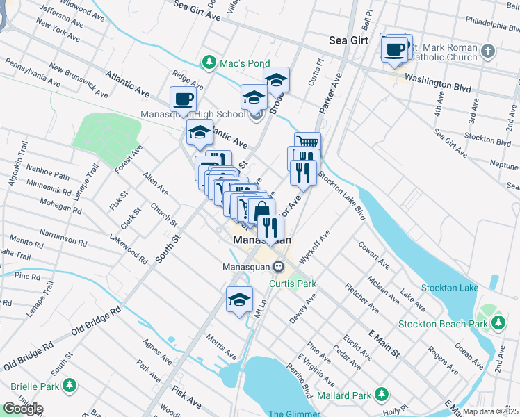 map of restaurants, bars, coffee shops, grocery stores, and more near 29 Parker Avenue in Manasquan