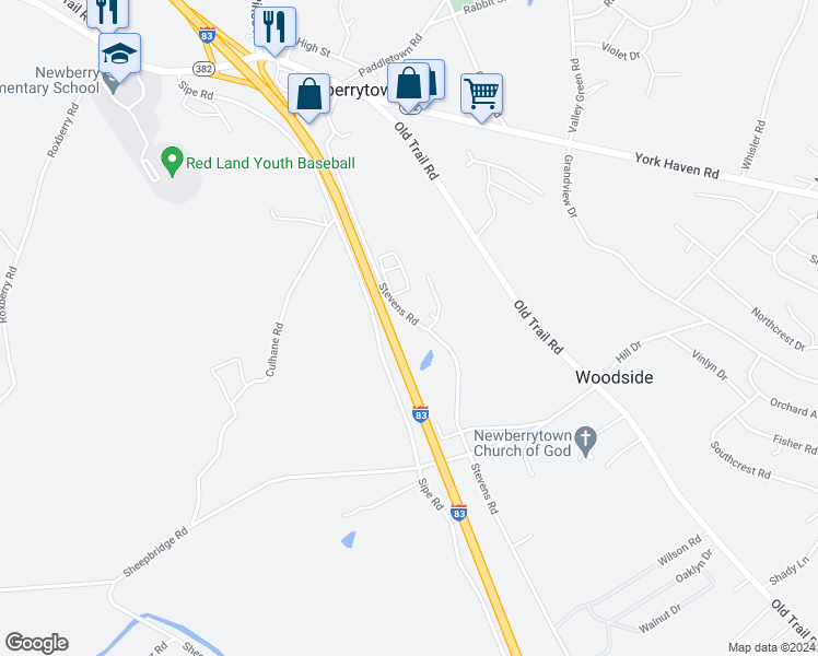 map of restaurants, bars, coffee shops, grocery stores, and more near 299 Stevens Road in York Haven