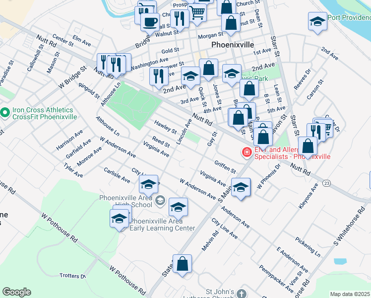 map of restaurants, bars, coffee shops, grocery stores, and more near 290 Griffen Street in Phoenixville