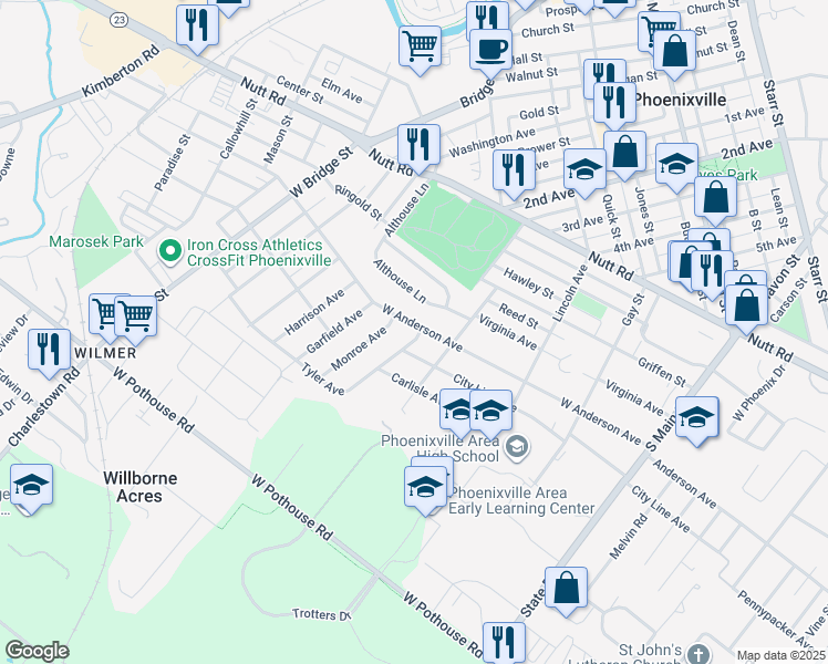 map of restaurants, bars, coffee shops, grocery stores, and more near 1200 Tyler Avenue in Phoenixville