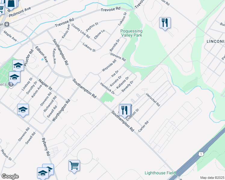 map of restaurants, bars, coffee shops, grocery stores, and more near 15102 Kallaste Drive in Philadelphia