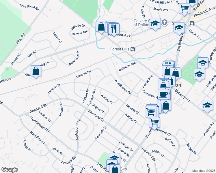 map of restaurants, bars, coffee shops, grocery stores, and more near 418 Woodhaven Place in Philadelphia