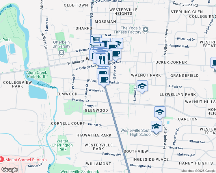 map of restaurants, bars, coffee shops, grocery stores, and more near 94 South State Street in Westerville