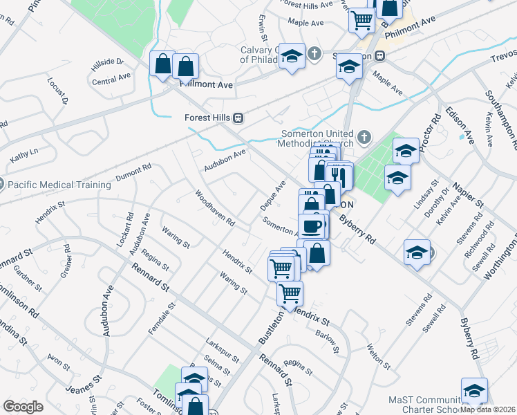 map of restaurants, bars, coffee shops, grocery stores, and more near 12010 Depue Avenue in Philadelphia
