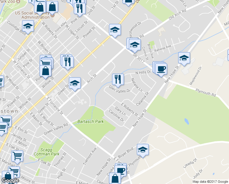 map of restaurants, bars, coffee shops, grocery stores, and more near 518 Glen Valley Drive in Norristown