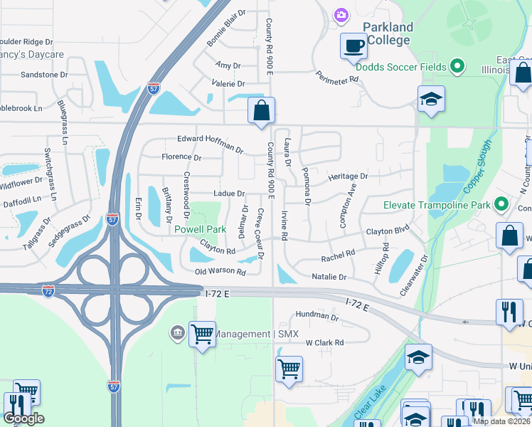 map of restaurants, bars, coffee shops, grocery stores, and more near 612 Creve Coeur Drive in Champaign