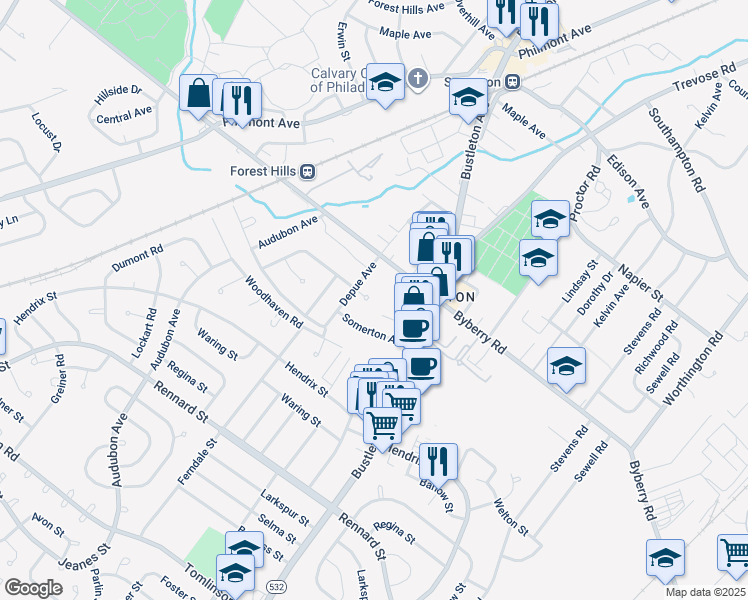 map of restaurants, bars, coffee shops, grocery stores, and more near 507 Pinewood Road in Philadelphia