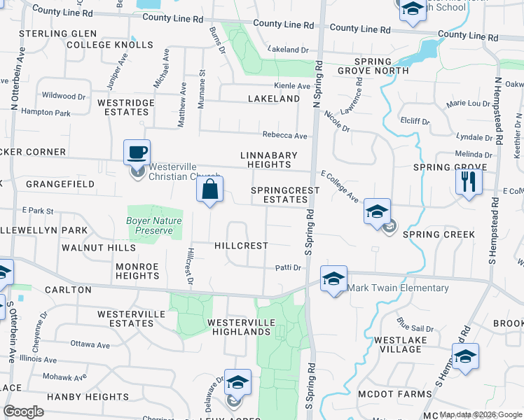 map of restaurants, bars, coffee shops, grocery stores, and more near 717 Collingwood Drive in Westerville