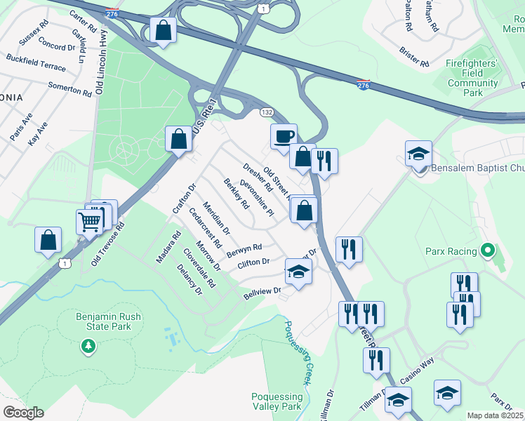 map of restaurants, bars, coffee shops, grocery stores, and more near 3644 Devonshire Place in Bensalem