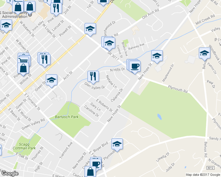 map of restaurants, bars, coffee shops, grocery stores, and more near 611 Glen Valley Drive in Norristown