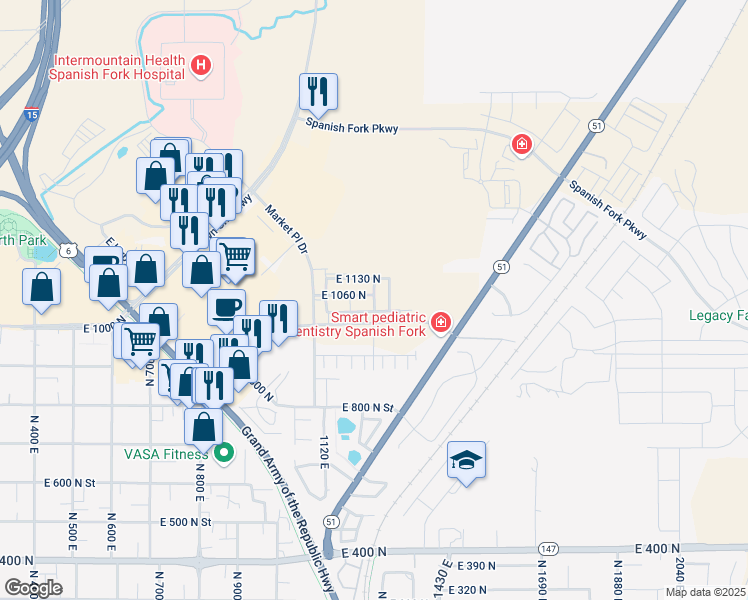 map of restaurants, bars, coffee shops, grocery stores, and more near 1044 North 1270 East Street in Spanish Fork