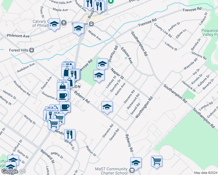 map of restaurants, bars, coffee shops, grocery stores, and more near 13043 Lindsay Street in Philadelphia