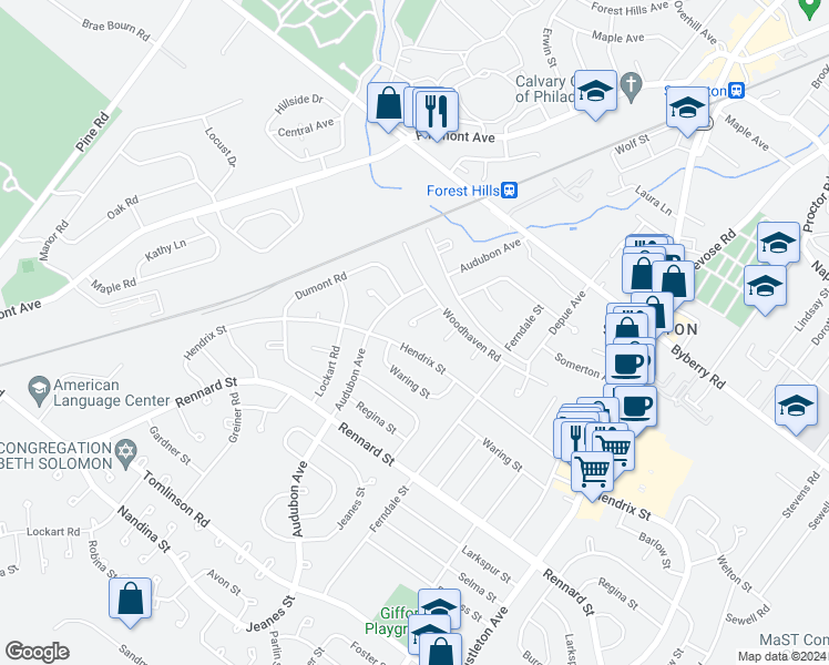 map of restaurants, bars, coffee shops, grocery stores, and more near 418 Woodhaven Place in Philadelphia