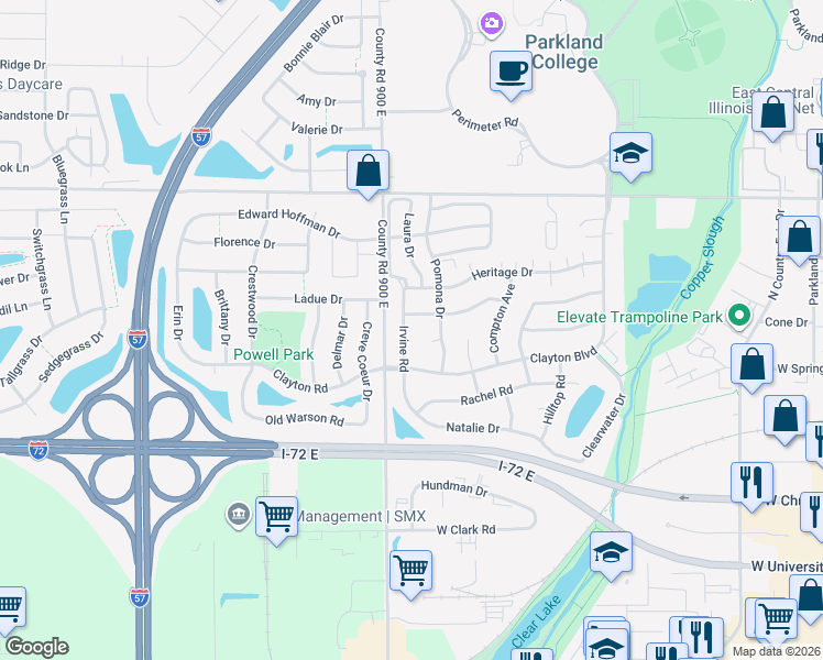 map of restaurants, bars, coffee shops, grocery stores, and more near 612 Irvine Road in Champaign