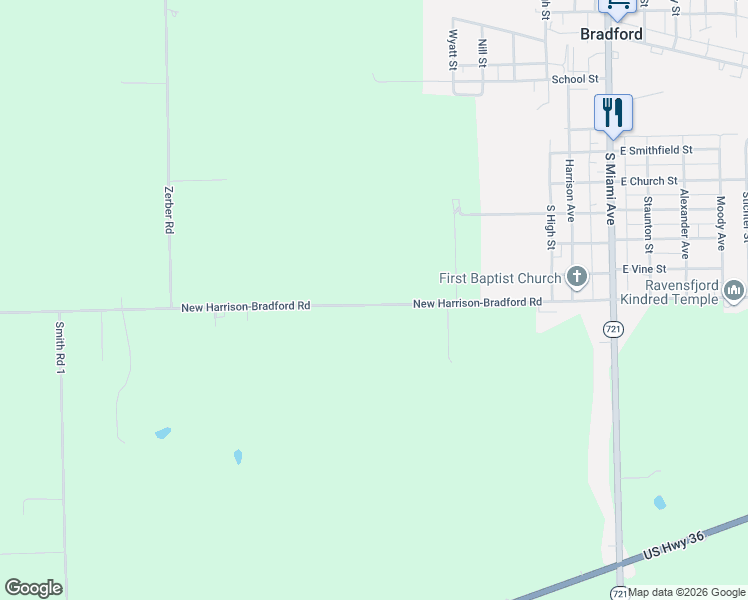 map of restaurants, bars, coffee shops, grocery stores, and more near 9767 New Harrison-Bradford Road in Bradford