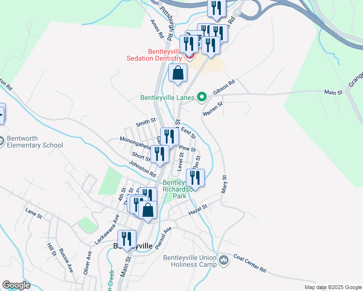 map of restaurants, bars, coffee shops, grocery stores, and more near 103 Pine Street in Bentleyville