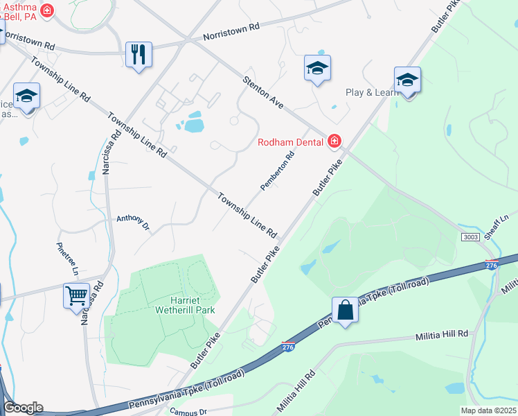 map of restaurants, bars, coffee shops, grocery stores, and more near 1790 Pemberton Road in Blue Bell