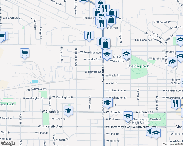 map of restaurants, bars, coffee shops, grocery stores, and more near 919 West Harvard Street in Champaign