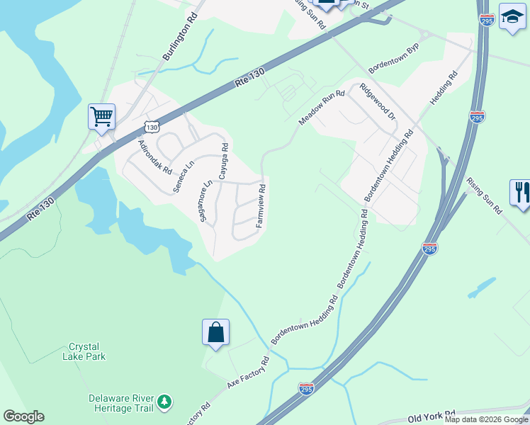 map of restaurants, bars, coffee shops, grocery stores, and more near 96 Meadow Run Road in Fieldsboro